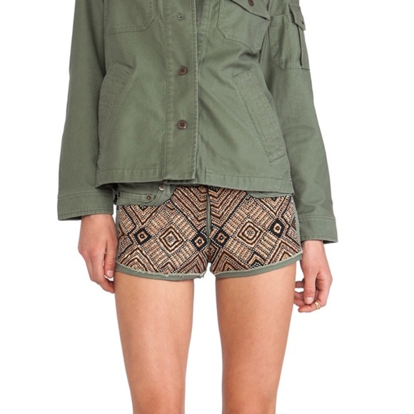 Capulet Pants - Capulet Green Beaded Distressed Denim Shorts